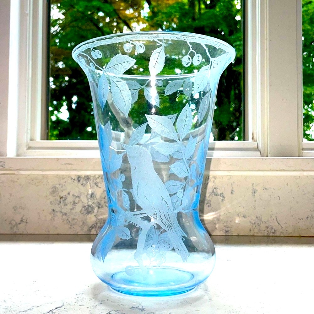 Elegant Flared Vase Etched Bird & Butterfly Immaculate Frosted Rim 1930’s Deco